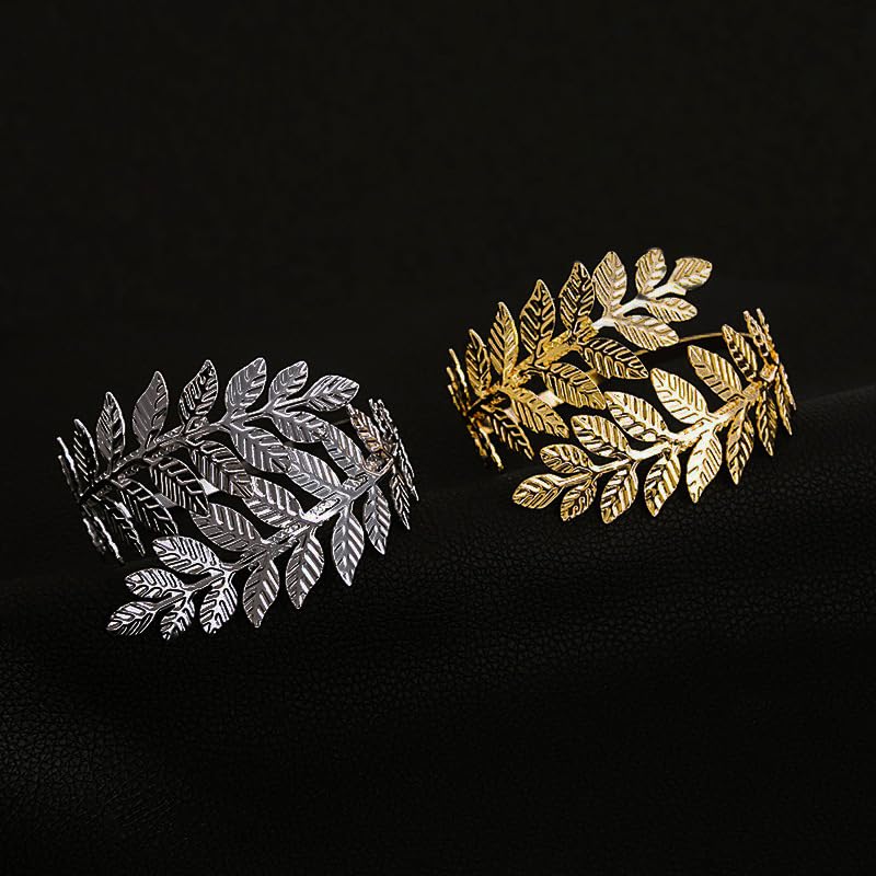 Arm Cuff Layered Bracelet Adjustable Leaf Flower Starfish Upper Arm Cuff Bangle Jewelry Gold Plated Bracelet Ring Set for Women Boho Summer Beach Essentials - color: Silver-Leaf