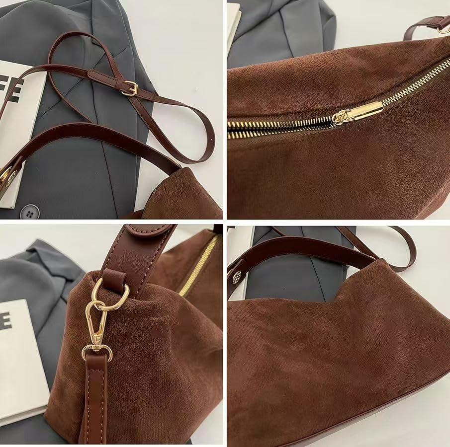 Women Slouchy Suede Satchels Shoulder Bag Faux Suede Hobo Bags Crossbody Phone Purse Top-Handle Tote Handbag Purse - color: Coffee