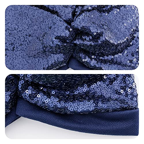 Erinaco Women Sparkle Sequin African Turban Bow Knot Pre-Tied Cap Pleated Ruffle Bonnet Beanie Hat Headwrap Skull Caps - color: Sparkle Navy Blue