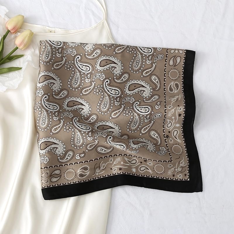 MINIDORA Satin Scarves for Women 27.5 × 27.5 inches Medium Square Elegant Silk Feeling Head Scarf - color: B007- Khaki