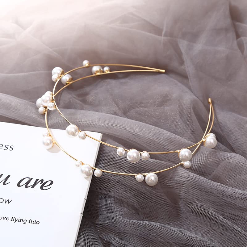 Double Layer Pearl Beaded Headbands Hair Hoops Bridal Hairbands Wedding Hair Accessories Fashion Elegant Pearl Headbands for Women Girls (Gold) - color: Gold