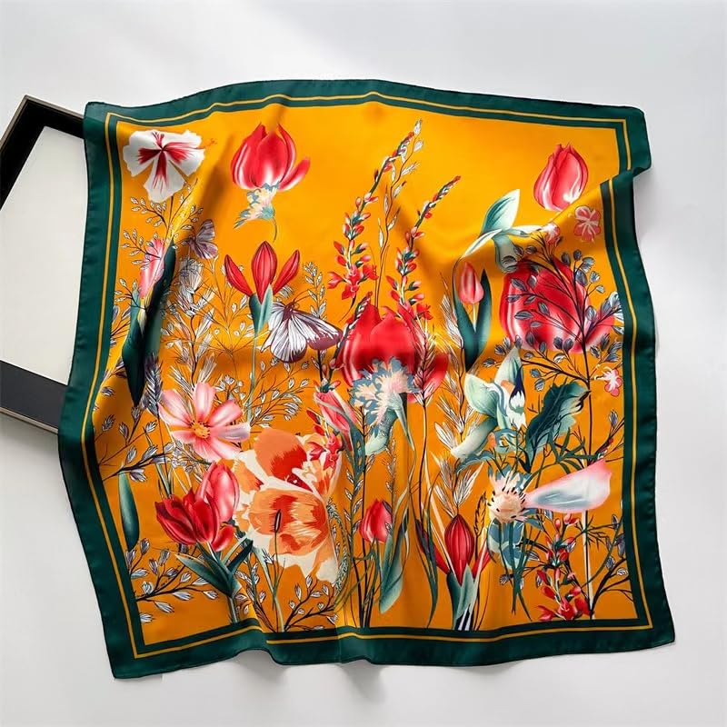 Stlvoll 27.5" Silk Neck Scarf of Women's Fashion Head Scarf Square Neck Satin Scarfs for Bag Hair Scarves Gift - color: Flower/Yellow
