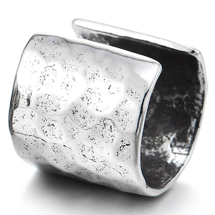 Stainless Steel Ear Cuffs for Men and Women, Hammered Texture Wide Band, Non-Piercing Fake Earrings, Antiqued Silver Tone Jewelry, Gift for Him