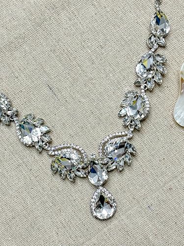 Women Jewelry Set Rhinestone Crystal Bride Statement Choker Necklace Teardrop Cluster Dangle Earrings Set for Wedding Prom Party - color: Silver