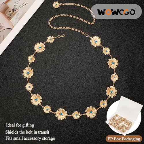 Western Turquoise Chain Belt for Women with Daisy Pattern Cowgirl Concho Metal Waist Belt for Boho Country - color: 2-gold(turquoise), size: Fit for Mid Waist up to 51"