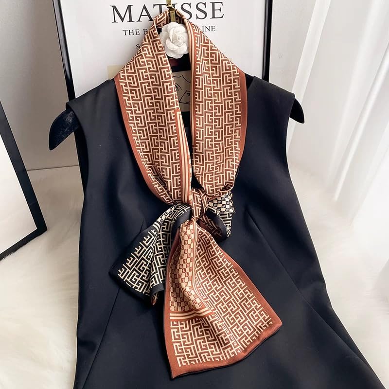ANDANTINO 100% Silk Scarf for Women 59”*6.3” Long Shawls for Headscarf and Neck- Oblong Hair Wraps with Gift Packed - color: Brown&black