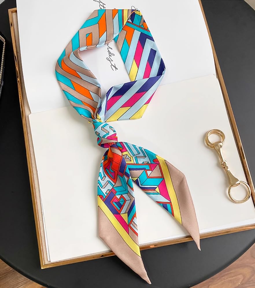 JERLA 100% Mulberry silk Scarf bag scarf Head Hair Ribbon Handbag Handle wrap Tie Bundle Neckerchief Scarf for women - color: Geometric Pattern Beige
