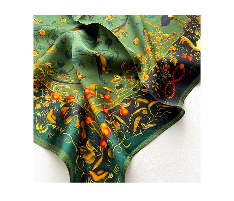 MEISEE 100% Pure Mulberry Silk Scarf 21" Square Scarf Neckerchief Headscarf Breathable Lightweight for Women Gift Packed - color: Green Flowers and Birds