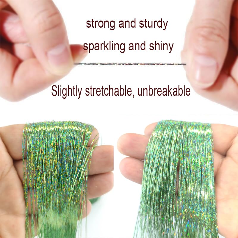 Celinebella Glitter Lime Hair Tinsel, 1250 Strands Light Green Shimmer | Bright light green lime shade, diamond-like sparkle, heat resistant, ideal for St. Patricks Day cosplay themed parties - color: 10-Glitter Lime, size: 48 Inch Pack of 5Pcs