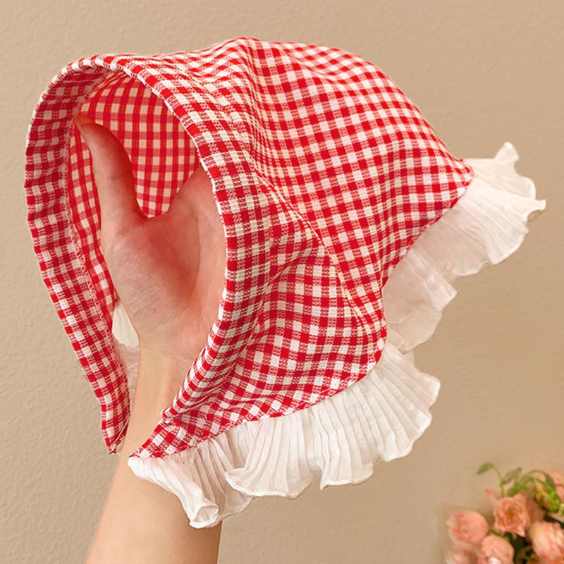 Women's Lace Bandana Headband, Vintage Gingham Triangle Scarf with Bow, French Retro Style for Boho Chic & Casual Outfits (12-Red checkered, One Size) - color: 12-Red checkered