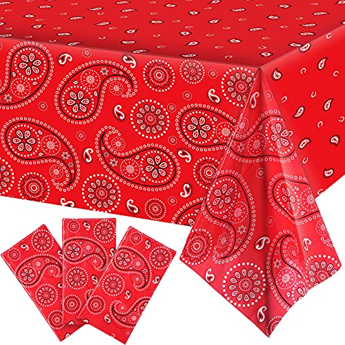Western Party Tablecloth Paisley Table Cover Bandana Plastic Table Cloth Rectangle Floral Tablecloth for Western Cowboy Themed Party Decorations, 108 X 54 Inches (Red, 3 Pack) - color: Red