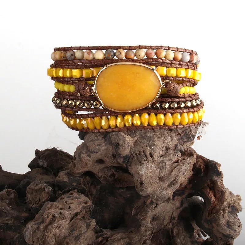 Women Wrap Bracelet Boho Natural Jasper Crystal Stone Beads Strand Bracelets - color: Yellow