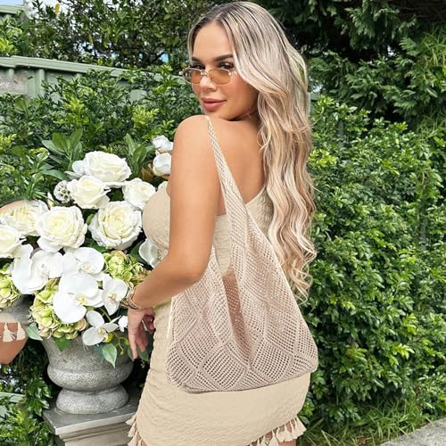 Crochet Mesh Beach Tote Shoulder Handbags Hobo Summer Aesthetic Women's Bag - color: Beige