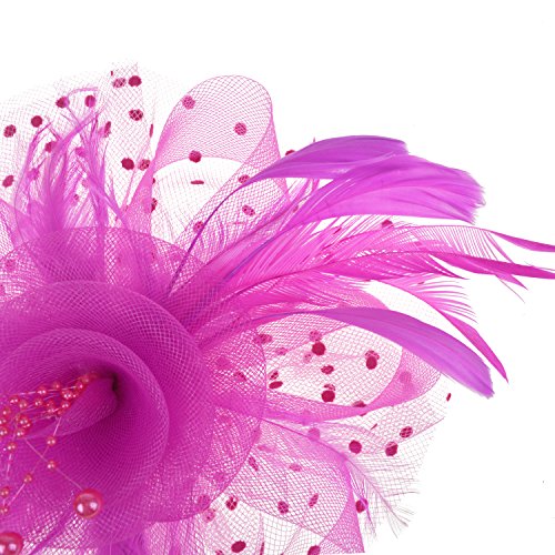DRESHOW Fascinators Hat Flower Mesh Ribbons Feathers on a Headband and a Clip Tea Party Headwear for Girls and Women - color: 7" Diameter / Fushia