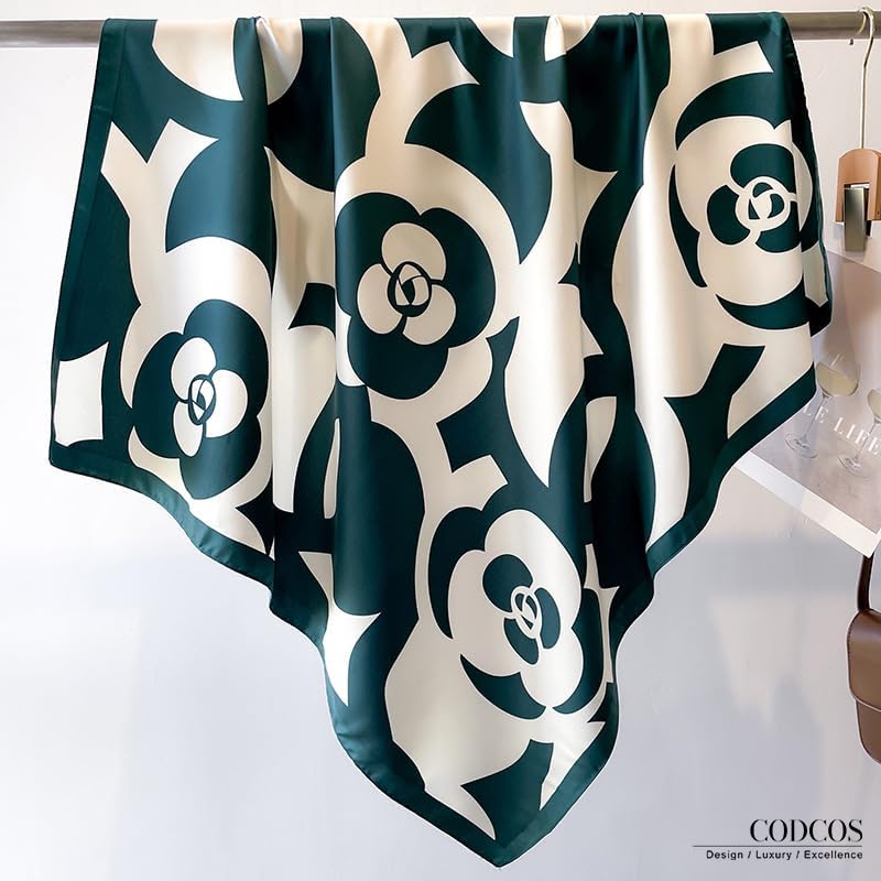 Women's Square Silk Like Head Scarf Large 35 inch Silk Feeling Hair Wrapping Satin Scarves for Sleeping Bandanas - color: A004-2 Twill Flower Green