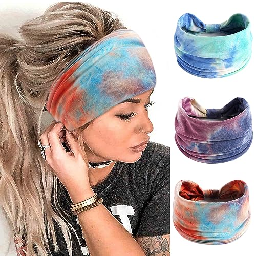 FULZTEY Wide Headbands for Women Boho Headwraps Fashion Tie Dye Hairband Non Slip Knot Bandanas Comfy Cotton Turban Stretchy Sport Workout Sweat Head Bands for Women's Hair Accessories 3 Pack - color: Style 28