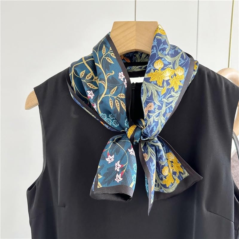 ANDANTINO 100% Silk Scarf for Women 59”*6.3” Long Shawls for Headscarf and Neck- Oblong Hair Wraps with Gift Packed - color: Floral-navy Blue