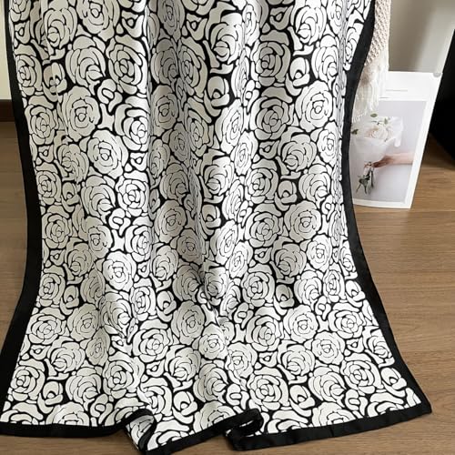 Long Silk Like Scarf Lightweight Satin Scarves Large Sunscreen Shawl Wrap for Women - color: 022.flowers Black and White