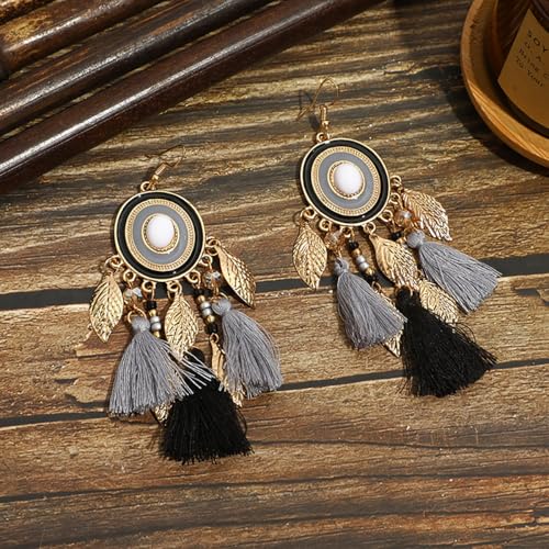 Bohemian Silk Tassels Statement Earrings Vintage Lightweight Gold Leaf Geometric Handmade Beads Drop Dangle Earring Ethnic Style Trendy Jewelry Accessories for Women - color: Black