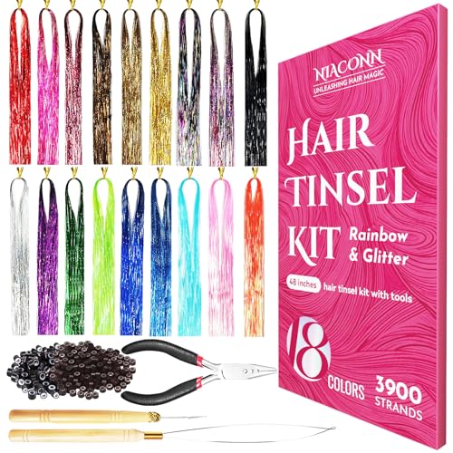 NIACONN Glitter Hair Tinsel Extensions Kit 18 Colors with Tools and Beads, 48 Inch Sparkly Fairy Colorful Tensile Strands Shiny Hair Accessories for Women Girls Kids - color: Colorful 18 Colors