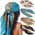 DRESHOW 35” Large Square Satin Head Scarf - 4Pcs Silk Accessories Classic Patterned Squares Beach Bandanas for Women - color: 4 Pcs: Blue, White, Camel, Black