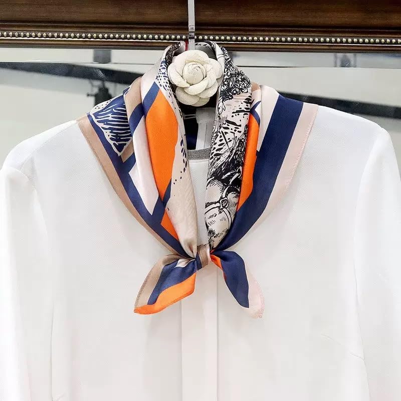 ANDANTINO 100% Mulberry Silk Scarf -21” Square Neckerchief with Gift Packed - color: Horse-navy&orange