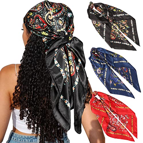 CHLINS 35" Satin Square Hair Scarf Bandanas - 3Pcs Large Silk Head Scarves Lightweight Sleeping Hair Wraps for Women - color: Black+blue+red