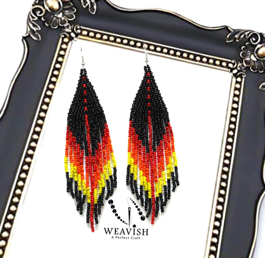 Long Beaded Dangle Earrings – Boho Native Handmade Seed Bead Tassel Bohemian Large Statement Drop Fringes for Women - color: Black , Yello