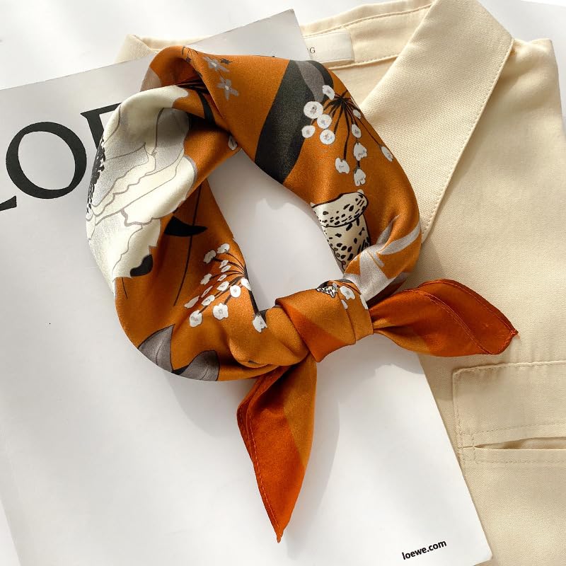 FEIBOON Mulberry Silk Scarfs Neck Scarf 21" Small Square Scarfs hair scarf bandana Neckerchief Headscarf for Women - color: Dark Orange