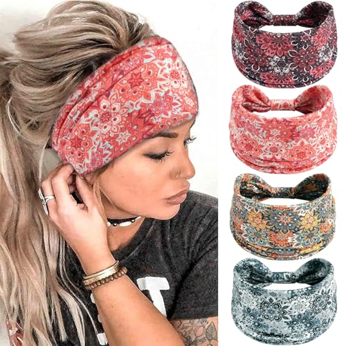 Boho Headbands for Women Elastic Non-Slip Floral Pattern Head Band Wide Twisted Knot Hair Bands Sweats Bandanas Workout Yoga Sports Hair Wraps Accessories for Girls (Pack of 4) - color: Color-6