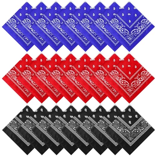 Suhine 24 Pcs Bandanas Bulk for Women Men 22 x 22 Inch Paisley Outdoor Headband Cowboy Handkerchief Summer - color: Black, Red, Blue
