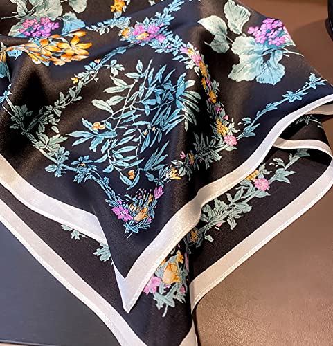 JERLA 100% Pure Mulberry Silk Square Scarf for Hair-27''x27'' Women Men Natural Silk Neckerchief Headscarf - color: Black and Blue Flower