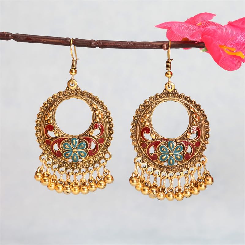 Vintage Boho Statement Drop Dangle Earrings for Women Bohemian Ethnic Handmade Beaded Charms Earring Bohemian Retro Chandelier Tassel Earrings Mexico Gypsy Jewelry Gift - color: O-Gold-Red