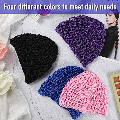 Geyoga 4 Pieces Mesh Crochet Hair Net Rayon Knit Snood Hat Thick Short Women Hairnet Snoods Cover Ornament for Sleeping (Pink, Black, Blue, Purple) - color: Pink, Black, Blue, Purple