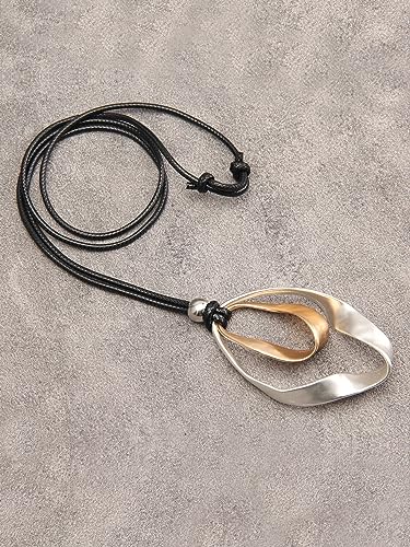 Bohemian Women's Leather Long Pendant Necklace Sweater necklace Adjustable Retro Woven Handmade Jewelry - color: Silver Outer Ring