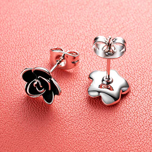 AllenCOCO Rose Flower Stud Earrings for Women Sensitive Ears, Hypoallergenic Cute Gold And Silver Rose Flower Earrings Studs for Women Nickel Free - color: Black flower/White gold, size: 0.47