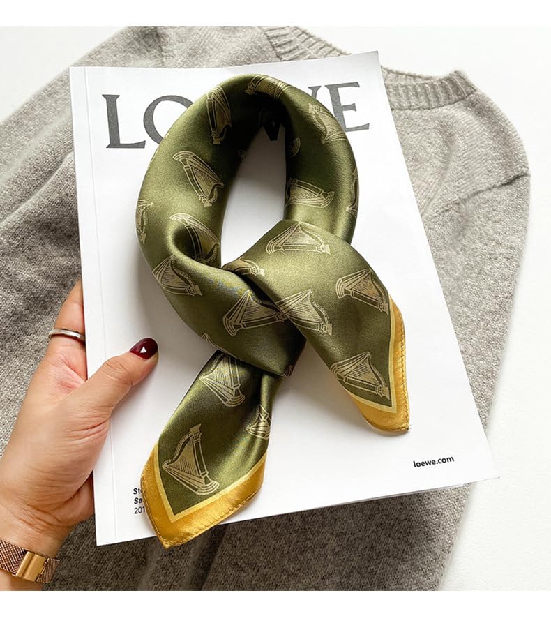 FEIBOON Mulberry Silk Scarfs Neck Scarf 21" Small Square Scarfs hair scarf bandana Neckerchief Headscarf for Women - color: Olive Green