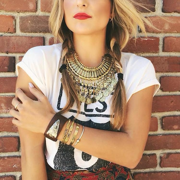 Vintage Tassel Coin Collar Bib Statement Necklace for Women Men Ancient Gold Silver Retro Engraved Exaggerated Short Chunky Boho Choker Ethnic Gypsy Tribal Clavicle Chain Pendant Costume Party Jewelry - color: Ancient Gold