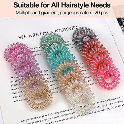 JessLab Spiral Hair Ties, 20 Pcs Traceless Phone Cord Hair Ties No Crease Spiral Bracelet Plastic Coil Ponytail Holders No-Damage Headband Hair Accessory for Girls Women Ladies Gift (Steel Beaded) - color: Steel Beaded