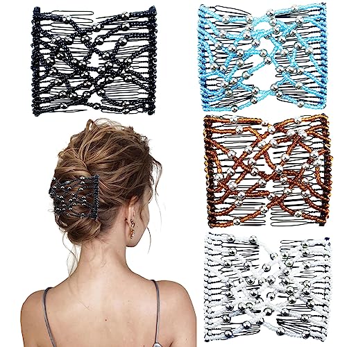4 Pieces Elastic Beaded Magic Hair Comb Stretchy Double Comb Hair Fork Clips No Crease Hairpins Combs for Women Girls Vintage Hairstyle Multipurpose Hair Accessories, 4 Color (Beads Style) - color: Brown, black, blue, white