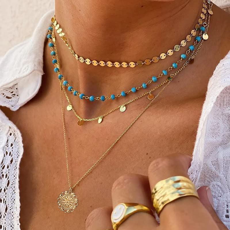 Boho Necklaces for Women Layered Turquoise Beaded Choker Necklace Western Jewelry for Women Sequin Coin Necklace Country Necklace Bohemian Boho Jewelry for Women Western Necklaces Summer Beach Necklace - style: Style A