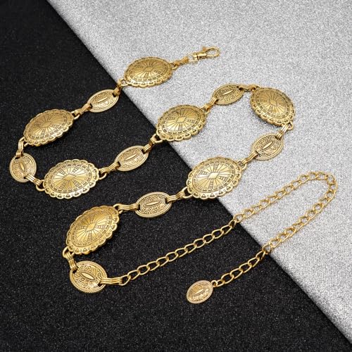 Women's Concho Chain Belt Western Cowgirl Metal Waist Chain Belt for Dress - color: C Gold, size: XL: 59 in