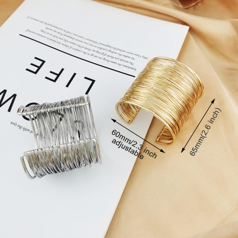 2Pcs Cuff Bangle Bracelet for Women Open Wide Wire Bracelets Gold Wrist Cuff Wrap Bracelet Adjustable - color: Silver4