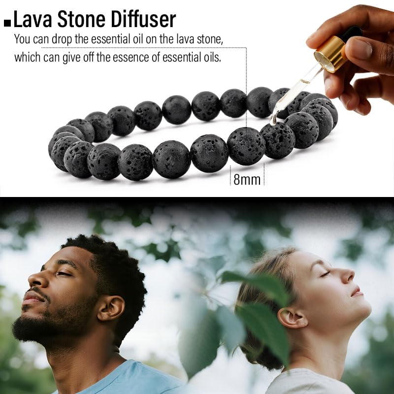 Men’s Hematite Bracelet Set Boho Multi - Tiger Eye/Matte Agate/Lava Rock Gifts for Birthday/Anniversary/Christmas - color: F03 Black Agate