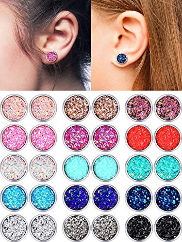 Boao 15 Pairs Druzy Stud Bulk Earrings Set Stainless Steel Round Post Earrings Bohemian Pierced Jewelry for Women - size: 6.0 Millimeters
