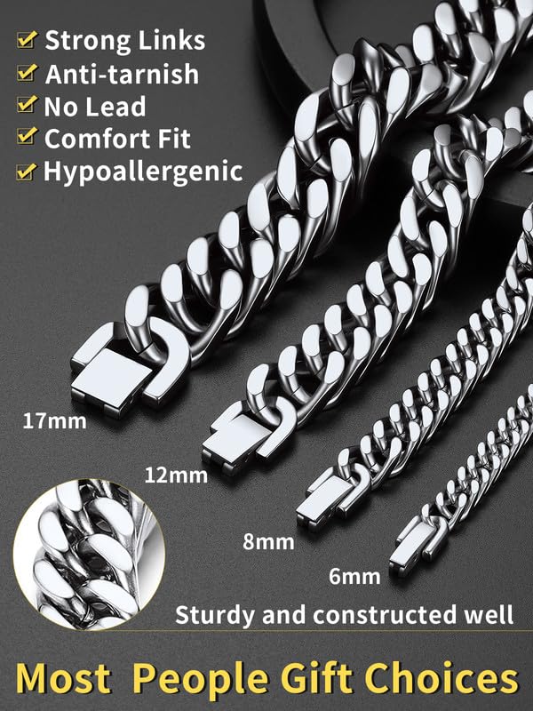 ChainsHouse Stainless Steel Cuban Link Bracelet, 8mm/12mm/17mm Width, 7.5"/8.3"/9", 18K Gold Plated Chain Wrist Bracelets for Men Women, Send Gift Box - color: C: Steel-17mm width