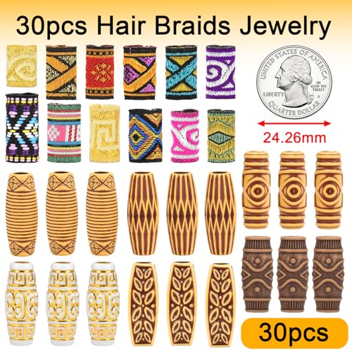 CooBigo 30pcs Hair Beads for Braids, 18 Plastic + 12 Fabric African Hair Dreadlock Beads Loc Hair Jewelry Imitation Wood Tube for Women Men Dreadlock Accessories Necklace Bag DIY Crafts - color: 18 Styles Total of 30pcs