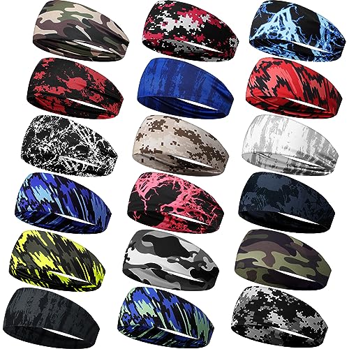 18 Pcs Sports Sweatbands for Men Women Camo Headbands Workout Non Slip Headbands Breathable Head Band Fitness Stretchy Unisex Hairband for Yoga Running Cycling Ball - color: Vibrant Colors