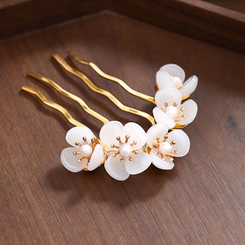 2pcs Retro Chinese Hanfu Wedding Brides Hair Accessories, Camellia Flower Tassels Hairpin, Crystal Rhinestone Pearl Hair Clips Headpiece, White - color: 2 white