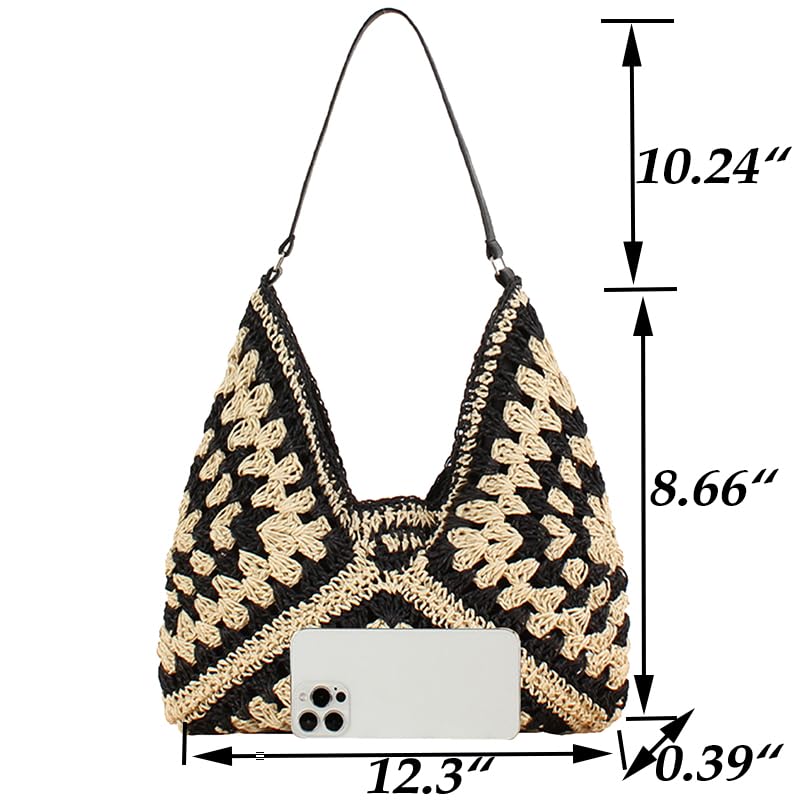 Straw Hobo Bag for Women 2026 Boho Woven Beach Purse Large Summer Straw Tote with Lining Black Raffia Shoulder Bag | straw material - color: Black1 With Black Strap